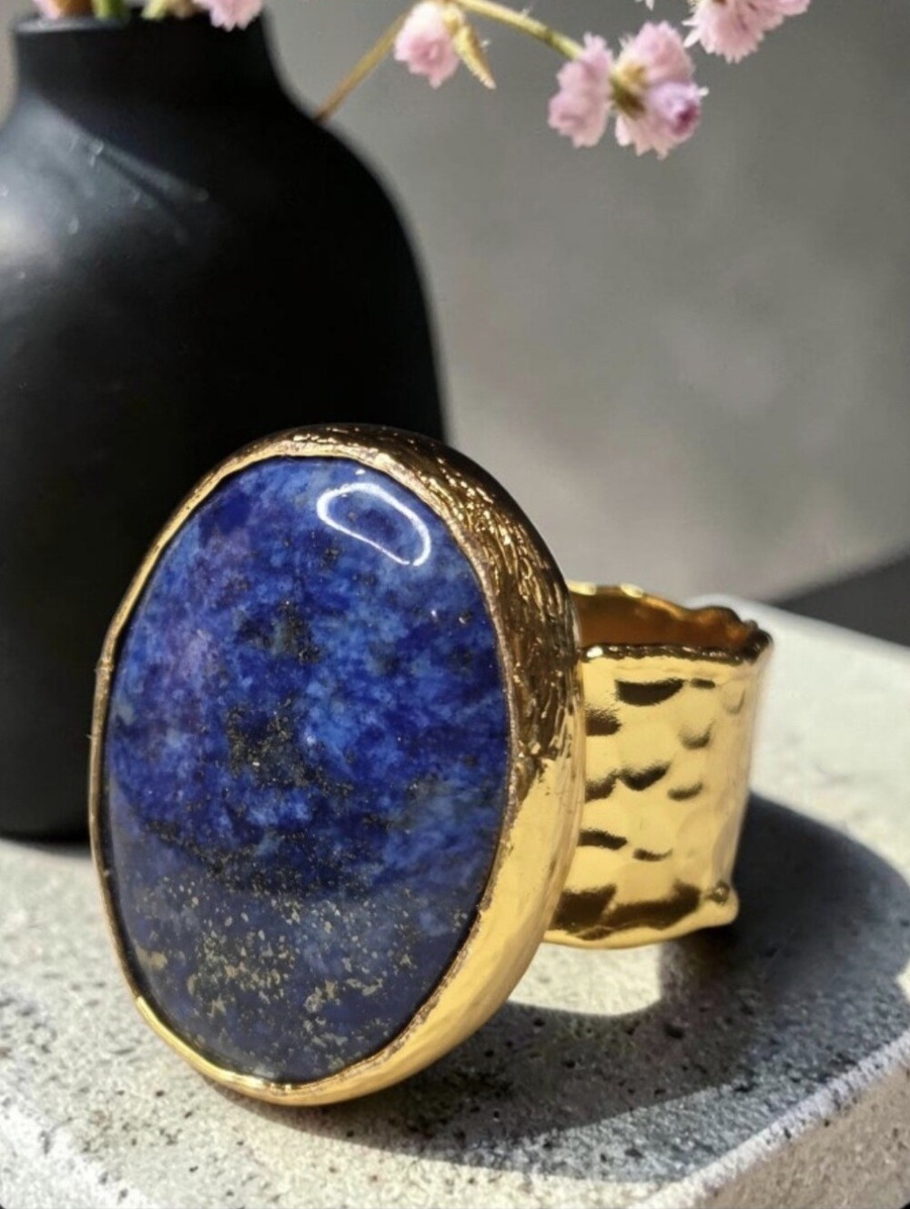 18k Gold Plated Chunky Genuine Lapis Lazuli Stone Hammered Wide Band Ring